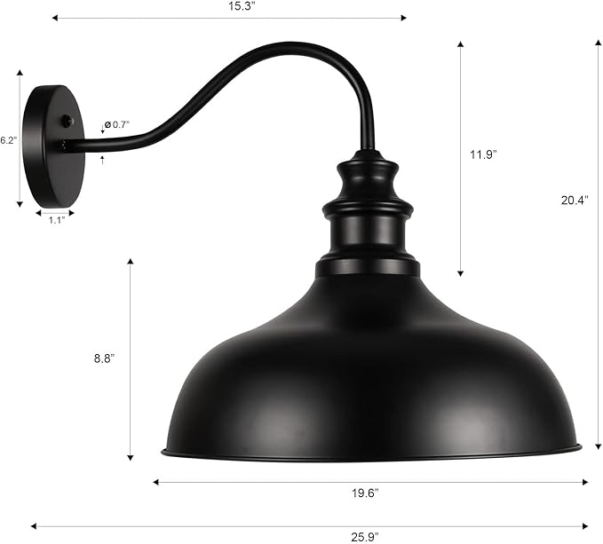 Dusk to Dawn Barn Light Outdoor, 20 Inch Dome Exterior Light Fixture Outside for House, Farmhouse Outdoor Wall Mount Light in Black Finish for Porch, Entryway, Garage, DDRZ015 BK-2PACK