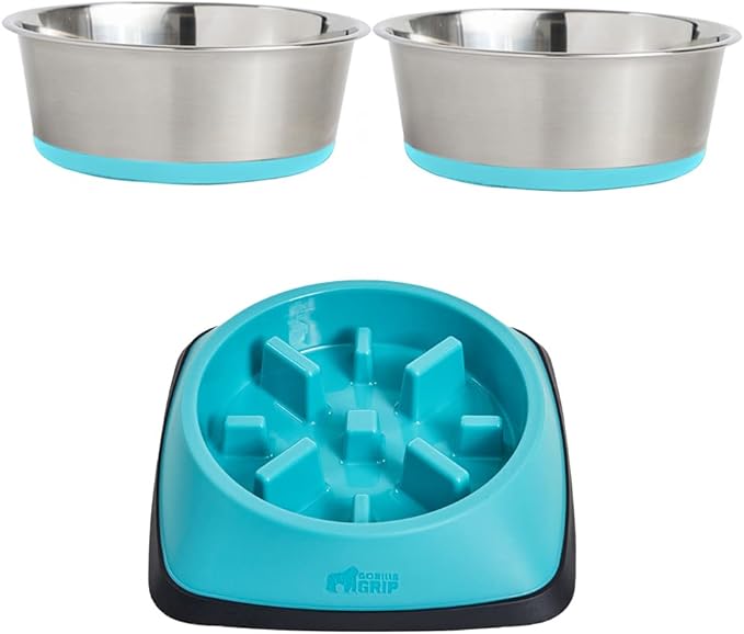 Gorilla Grip Dog Bowl Set of 2 and Slow Feeder Dog Bowl, Pet Bowls 2 Cups Stainless Steel, Pet Bowls 2 Cups Prevent Overeating, Both in Turquoise, 2 Item Bundle