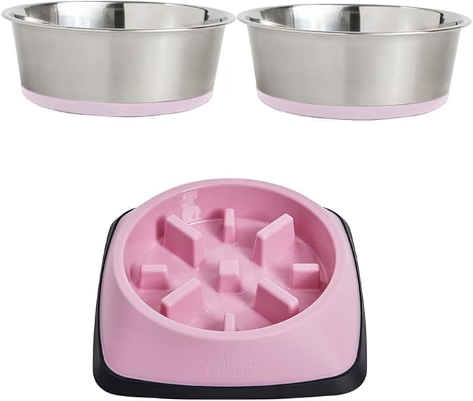 Gorilla Grip Dog Bowl Set of 2 and Slow Feeder Dog Bowl, Pet Bowls 4 Cups Stainless Steel, Pet Bowls 2 Cups Prevent Overeating, Both in Pink, 2 Item Bundle