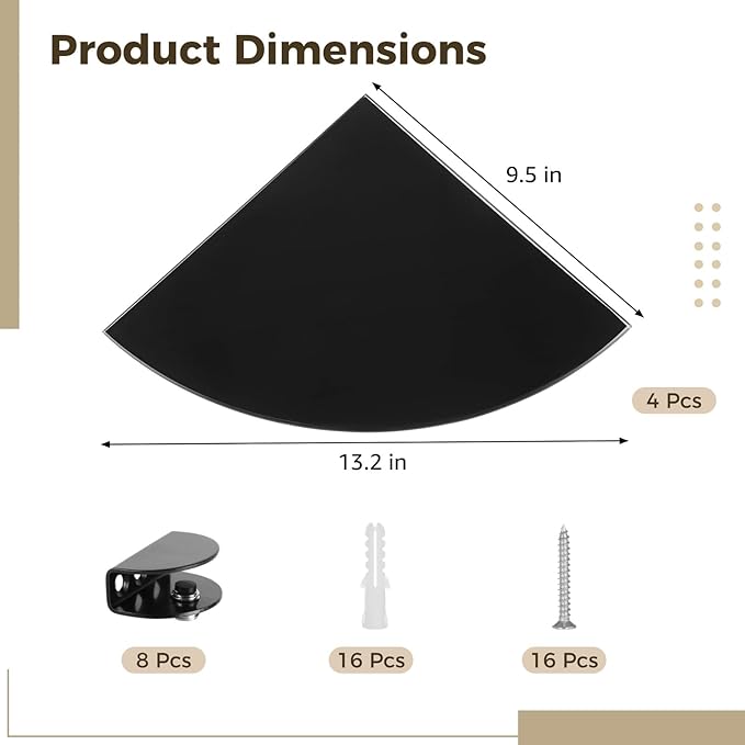 4 PCS Corner Glass Shower Caddy, Thick Tempered Glass Wall Mount Corner Shelves with Metal Brackets Screws, Space Saving Bathroom Organizer for Shampoo Toiletries Kitchen Living Room