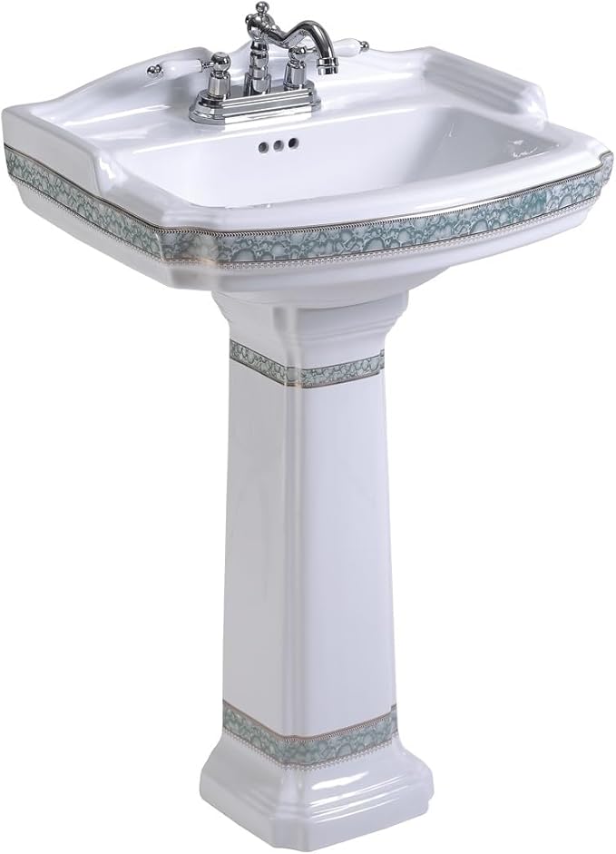 Renovators Supply Manufacturing 23" White Pedestal Bathroom Sink Heavy Duty Porcelain, Green and Gold Decorative Accents, 4" Centerset Faucet Holes, High Backsplash and Overflow
