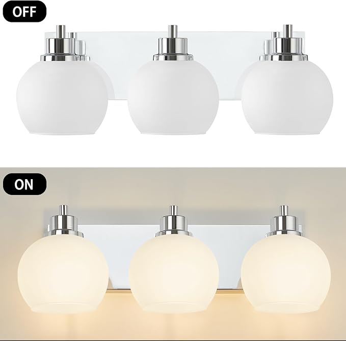Tuscarora Chrome Vanity Light - 3 Light Bathroom Vanity Light with Milk Glass Shade, Over Mirror Lighting Fixture