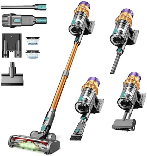 Cordless Vacuum Cleaner 650W 55KPA 60 Mins Vacuum Cleaners for Home, Powerful Stick Vacuum Green Light Anti-Tangle & Sofa Brush, Rechargeable Wireless Vacuum for Pet Hair/Carpet/Hardwood Floor, Gold | cordless stick, handheld, lightweight, rechargeable...