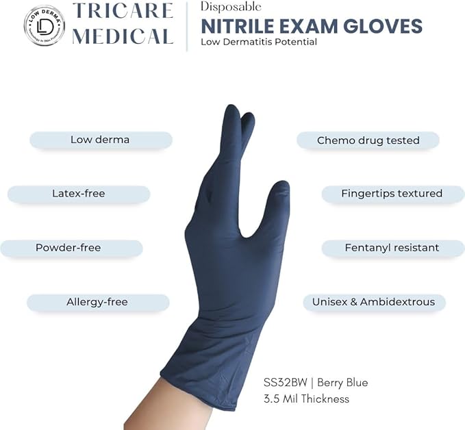 Low Derma Nitrile Exam Gloves, Chemo drug tested, Latex free, Powder free, Berry Blue, 3.5 mil, S, M, L, XL