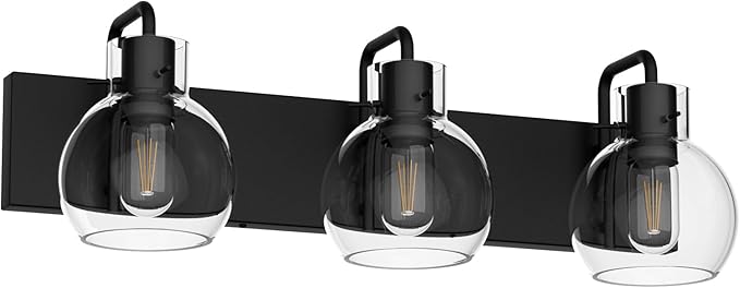 Tipace Industrial Bathroom Vanity Lighting Fixtures 3-Lights Farmhouse Matte Black Finish with Globe Clear Glass Vanity Lights Vintage Bath Lighting(Exclude Bulb)