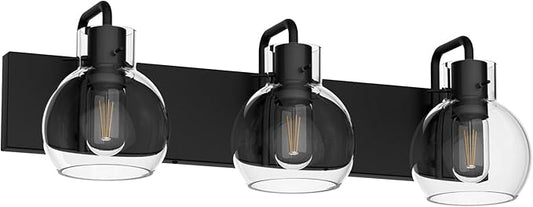Tipace Industrial Bathroom Vanity Lighting Fixtures 3-Lights Farmhouse Matte Black Finish with Globe Clear Glass Vanity Lights Vintage Bath Lighting(Exclude Bulb)