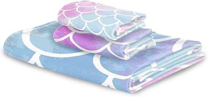 Pfrewn Magic Pink Blue Mermaid Scales Towels Set of 3 Rainbow Marble Galaxy Bathroom Towel Soft Absorbent Bath Hand Towels Washcloth Guest Towel Sets Bathroom Decorations