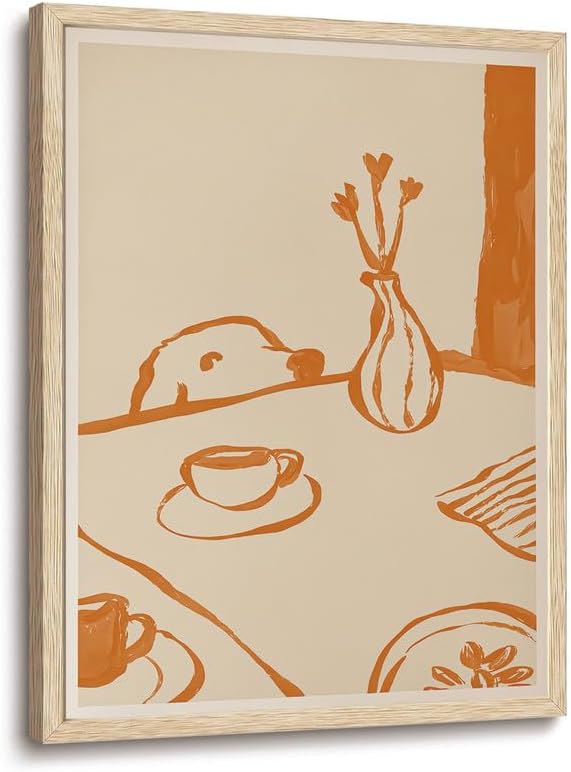 XJYISUO Framed Wall Art Funky Dog Wall Decor Coffee Canvas Art Minimalist Animal Pictures Warm Paintings Modern Neutral Artwork for Kitchen Nursery Living Room