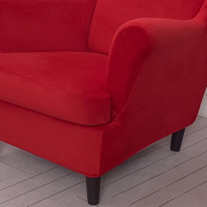 OBCREAT Wingback Chair Covers 2 Piece Stretch Velvet Wingback Chair Slipcover Soft Wing Chair Sofa Covers with Elastic Bottom,Armchair Couch Cover Furniture Protector for Living Room (Red)