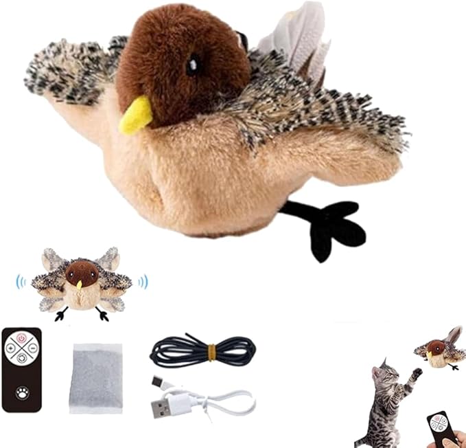 Flying Bird Cat Toy, Simulated Chirping Flapping Bird Cat Toy Wings, Rechargeable Interactive Flappy Bird, Realistic Cat Toys, Bird Catnip Toys for Indoor Cats (1PCS-A)