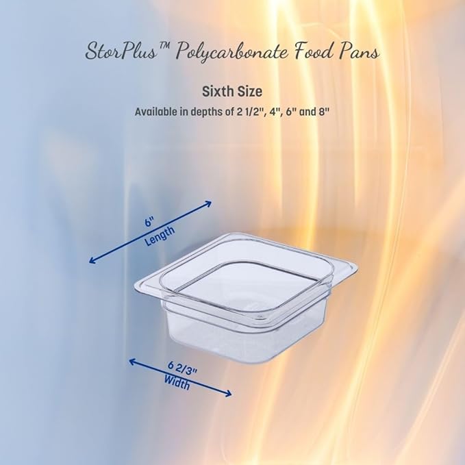 Carlisle FoodService Products StorPlus Plastic 1/6-Size Food Pan, 4 Deep Food Storage Container with 1.7 Quart Capacity, Polycarbonate, 1/6 Size, Clear, (Pack of 6)