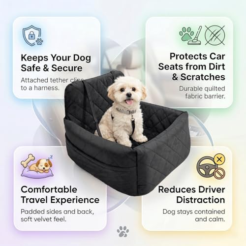 Dog Car Seat with 4 Poo Bag Rolls & Bowl - Booster Seat for Small & Medium Dogs, Detachable Washable Cover, Secure Buckles & Straps, Soft Cotton & Durable Polyester