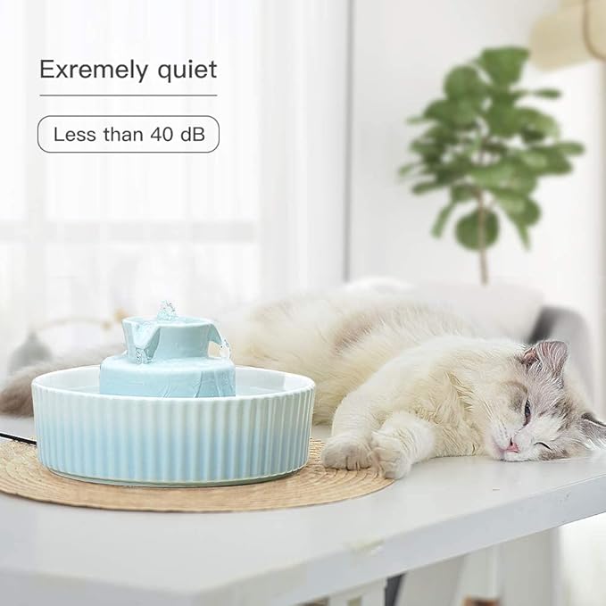 2.1L Ceramic Cat Water Fountain-for Cats and Dogs, 360 Ceramic Pet Fountain-70 Oz Large Water Capacity - Whisper-Quiet Water Flow-Great for Shy or Timid Pets - Fresh, Filtered Water (Blue)