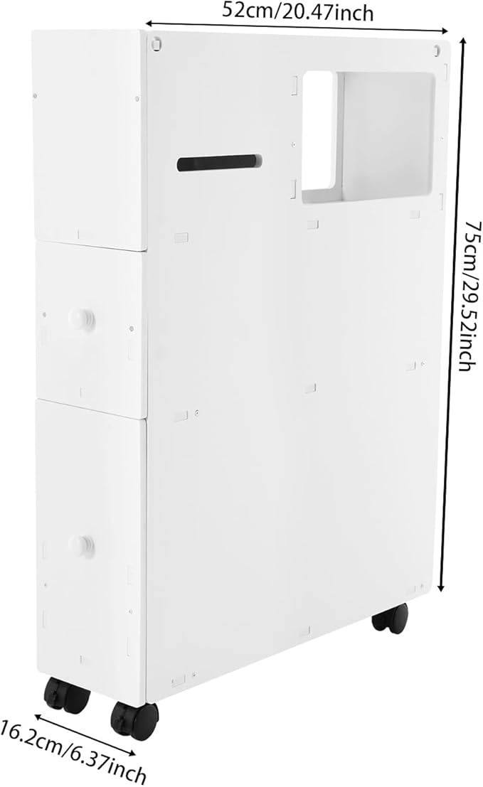Xuthusman Slim Bathroom Floor Cabinet Toilet Storage Organizer W/Shelf Free Standing Cabinet with Slide Out 2 Drawer and Wheels White