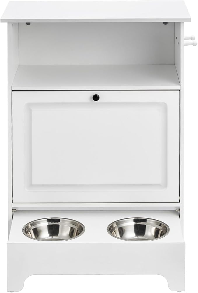VEVOR Pet Feeding Station with 2 Elevated Dog Bowls, Raised Dog Bowls Stand with Storage, Food Cabinet with Hidden Pull-Out Bowl, Feeder Station, Pet Toy Storage Organizer for Dogs Cats, White