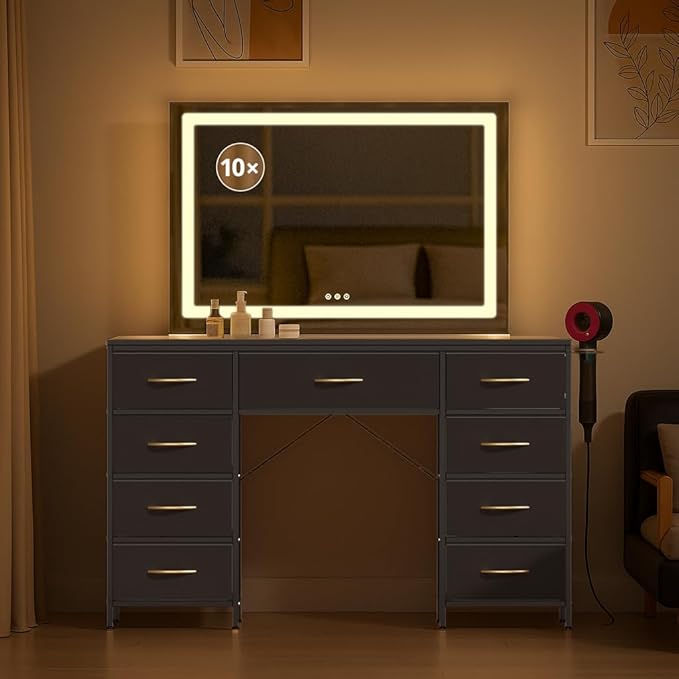 COMHOMA Vanity Desk with Large Mirror,LED and Power Outlet,Makeup Table with 9 Storage Drawersand HD Mirrors,3 Color Modes Adjustable Lighting for Bedroom Dressing Room (Black, 35inch)