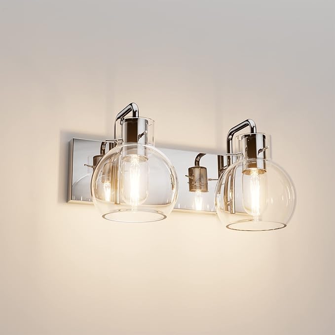 Tipace Chrome Vintage Bathroom Vanity Light,2 Lights Modern Stainless Steel with Globe Clear Glass Bathroom Light Fixtures Industrial Wall Mount Lighting Sconce(Exclude Bulb)