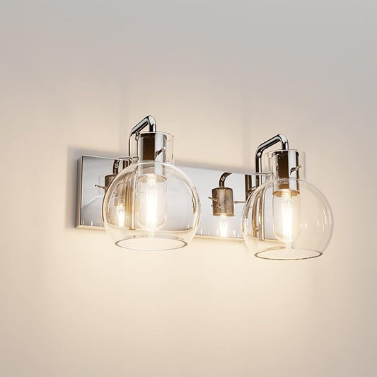 Tipace Chrome Vintage Bathroom Vanity Light,2 Lights Modern Stainless Steel with Globe Clear Glass Bathroom Light Fixtures Industrial Wall Mount Lighting Sconce(Exclude Bulb)