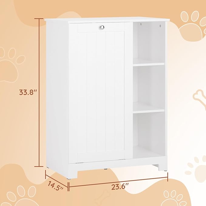 Dog Food Storage Cabinet with Tilt-Out Bin and Open Shelves, Pet Storage Organizer Cabinet with Magnetic Door and Anti-Tip Design, White Kitchen or Bathroom Furniture, BZR105-W