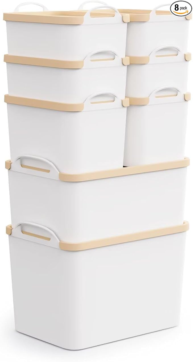 8 Packs Plastic Storage Bins with Lids Storage Organizing Containers Decorative Storage Boxes with Lids for Shelves Closet Desktop Playroom Classroom Office Drawers,White