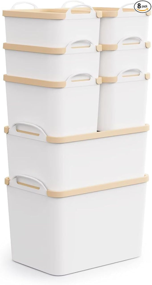 8 Packs Plastic Storage Bins with Lids Storage Organizing Containers Decorative Storage Boxes with Lids for Shelves Closet Desktop Playroom Classroom Office Drawers,White