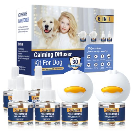 Dog Calming Pheromones Diffuser 6 in 1 Kit Appeasing Pheromone Diffuser to Calm (2 Plug in+4 x48ml Refill) for Anxiety Relief Reduce Aggression Fighting Barking Stress 120 Day Supply