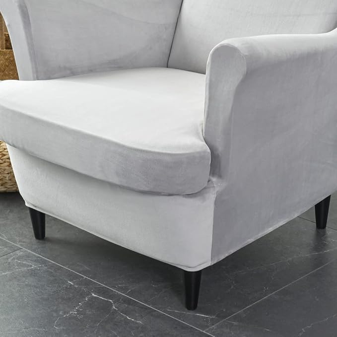 OBCREAT Wingback Chair Covers,2 Piece Stretch Velvet Wingback Chair Slipcover Soft Wing Chair Sofa Covers with Elastic Bottom,Armchair Couch Cover Furniture Protector for Living Room (Light Grey)