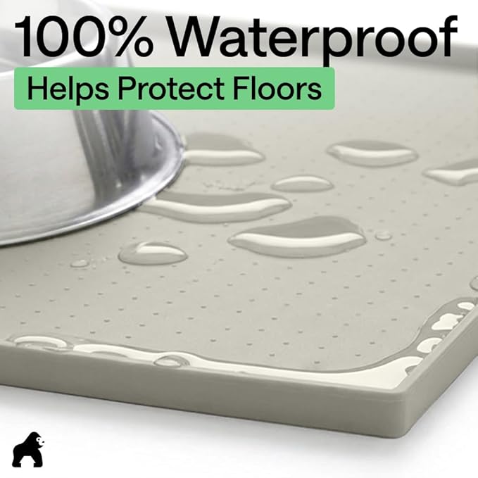 GORILLA GRIP 100% Waterproof Raised Edge BPA Free Silicone Pet Feeding Mat, Dog Cat Food Mats Contain Spills Protects Floors, Placemats for Cats, Dogs Water Bowl, Pets Accessories 18.5x11.5 Light Gray