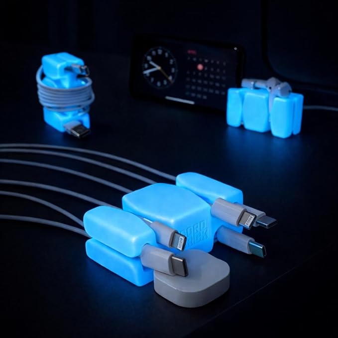 GlowBrick Stocking Stuffers for Adults Cord Management Weighted Cord Holder Cable Wrap Phone Stand - Glow-in-The-Dark Gadget Organizer for Nightstand. Gift for Men, Silicone. 2pk Glowing Blue