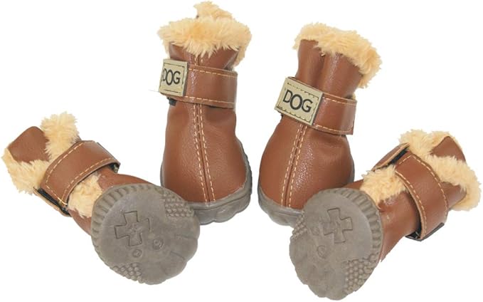WINSOON Dog Australia Boots Pet Antiskid Shoes Winter Warm Skidproof Sneakers Paw Protectors 4-Pcs Set (Size 4, Light Brown)