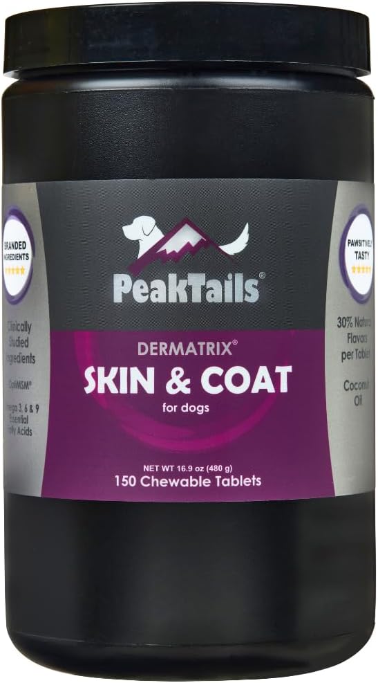 Kala Health PeakTails Skin & Coat Support for Dogs – 150 Chewable Tablets with MSM, Fish Oil, Omega-3 & Omega-6 – Supports Healthy Skin, Shiny Coat