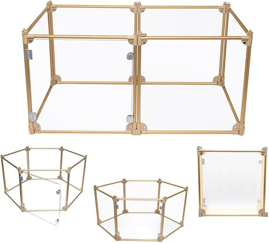 Front Row Foldable Dog Playpen – Durable and Portable Puppy Playpen for Exercise, Rest & Play – Clear Fence Panels with Aluminum Rods and Crate for Dogs and Other Small Pets (Gold, 6-Panel)
