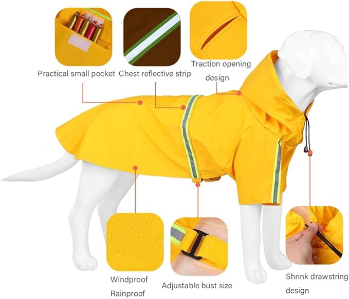 Pet Dog Raincoat Waterproof Reflective Lightweight with Adjustable Hood for Small Medium Large Dogs (Yellow,M)