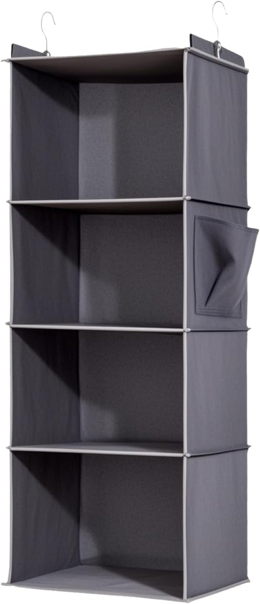 4-Shelf Hanging Closet Organizer and Storage, Collapsible Hanging Shelves for Closet with 2 Side Pockets, Hanging Shoe Organizer to Saving Space,Grey