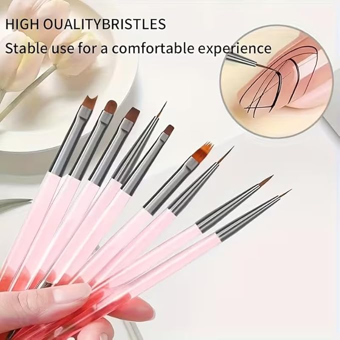 9Pcs Multi-Functional Nail Art Brush Set, Professional Brushes for Gel Polish, French Tip, Ombre, Liner & Clean Up, Manicure Tools for DIY & Salon Nail Design Tools-Pink