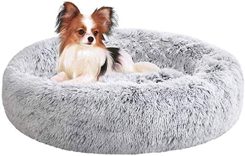 SAVFOX 23 inches Calming Donut Dog Bed - 3X Durable Plush Faux Fur, Machine Washable & Non-Slip, Fits up to 25 lbs, Light Grey