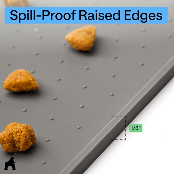 GORILLA GRIP 100% Waterproof Raised Edge BPA Free Silicone Pet Feeding Mat, Dog Cat Food Mats Contain Spills Protects Floors, Placemats for Cats and Dogs Water Bowl, Pets Accessories 16x10, Gray
