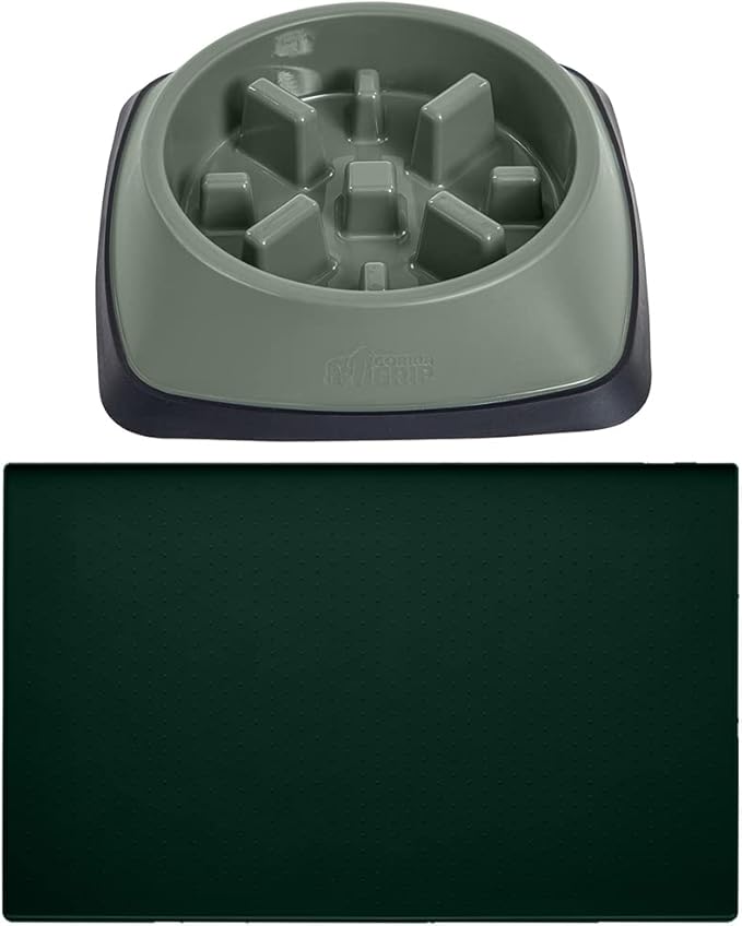 Gorilla Grip Slow Feeder Dog Bowl and Pet Feeding Mat, 4 Cups Dogs Pet Bowls Slip Resistant in Sage Color, Dog Food Mats Size 18.5x11.5 Waterproof Placemats in Hunter Green Color, 2 Item Bundle