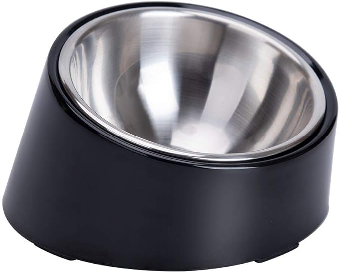 SuperDesign Small Tilted Dog Bowl for Flat-Faced Breeds, Slanted Bulldog Feeder with 2 oz / 0.5 Cup Capacity, 15° Angled Feeding Bowl for Puppies, Cats & Small Dogs, Dark Black