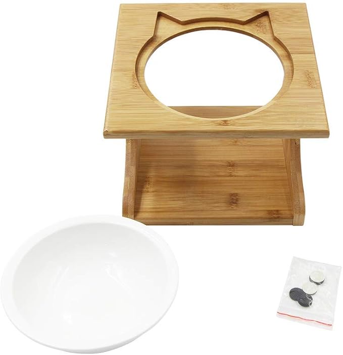 Cat Bowls Pet Dining Table with Raised Slope Wooden Stand Elevated Pet Bowls with Oblique Stand for More Comfortable Eating for Cats, Dogs, Kitten and Puppy (Single Bowl, Ceramics)