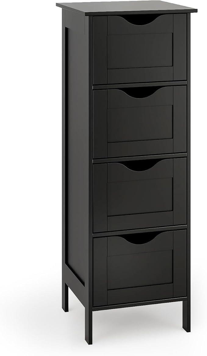 VINGLI Black Bathroom Storage Cabinet with 4 Drawers, Slim Freestanding Floor Cabinet for Small Spaces, Narrow Side Organizer Storage Unit for Restroom, Living Room & Kitchen, Farmhouse Style