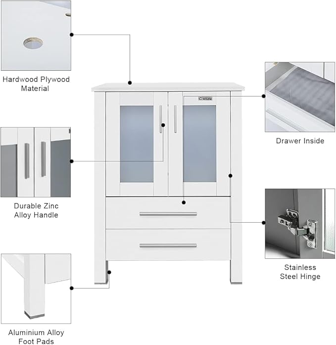 eclife 60" Modern Bathroom Vanity Sink Combo Freestanding Cabinet with Small Side Cabinet, Clear Round Glass Vessel Sink, Water Save Faucet, Drain (White+A16)