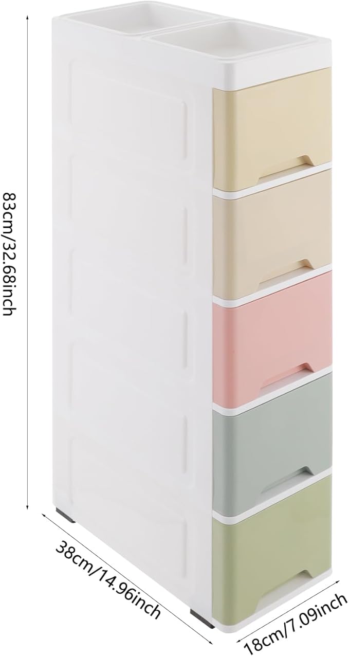 5-Tier Slim Bathroom Storage Cabinet with Wheels, Narrow Plastic Drawer Organizer Cart, Colorful Storage Cart for Bathroom, Kitchen, Laundry Small Spaces 7.09"x14.96"x32.68"