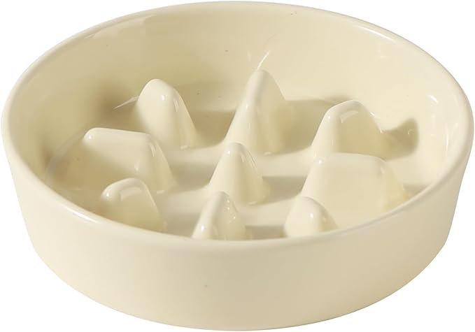 Ceramic 1.2 Cup Dog Bowl Slow Feeder, 7.3 inch Slow Pet Food Dish for Medium and Small Dog, Stop Bloat, Preventing Choking(Single Bowl, Light Yellow)