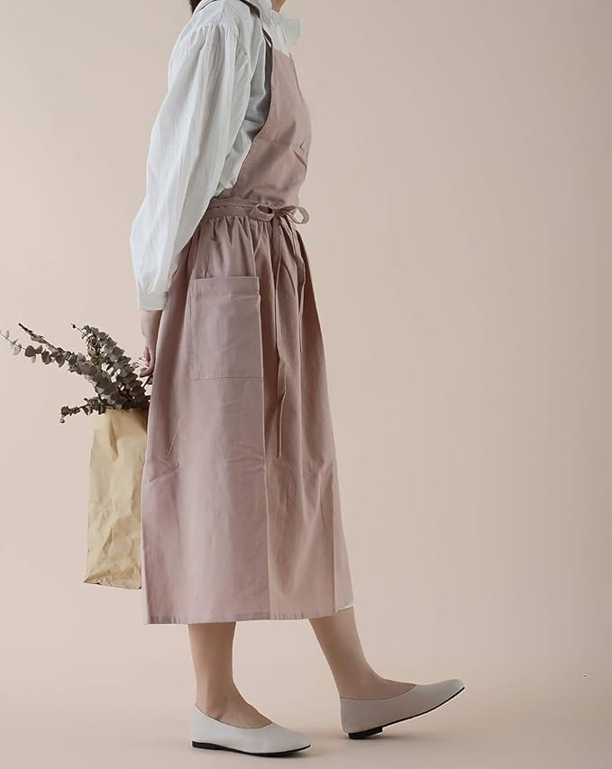 VLZUFE Women Cotton Linen Cross Back Apron with Pockets for Gardening Works Pinafore Dress