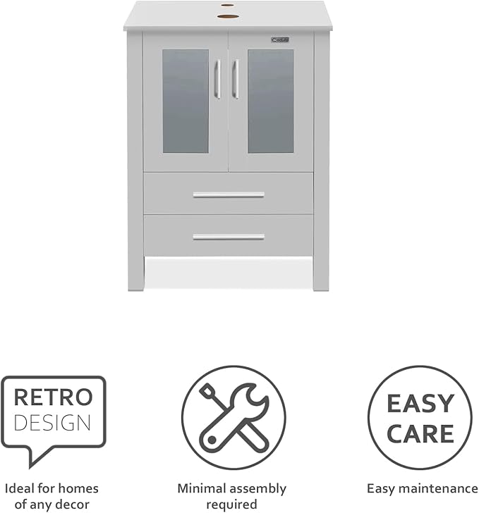 eclife 84" Modern Bathroom Vanity Sink Combo Freestanding Cabinet with Small Side Cabinet, Brown Square Glass Vessel Sink, Water Save Faucet, Drain (Gray+A48)