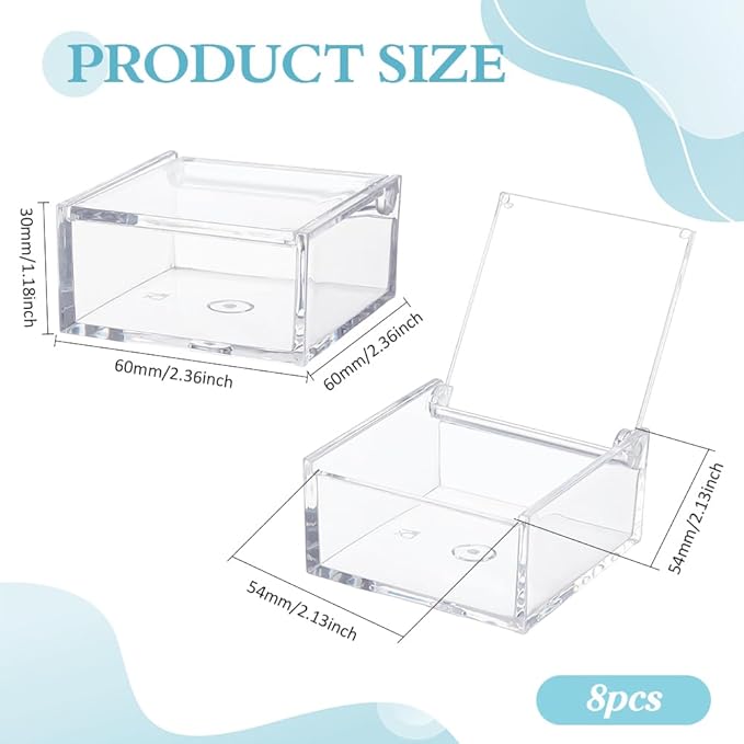 BENECREAT 8Pcs Clear Acrylic Box with Hinged Lid, 2.36x2.36x1.18 Inch Multi-Purpose Square Container Small Storage Box for Staples, Adhesive Tape, Paper Clips, Stamps, Sticky Notes