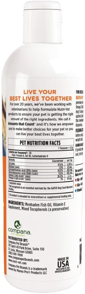 Nutri-Vet Fish Oil Supplement, Dog Fish Oil, Skin and Coat Health, Omega-3 Supplement, Supports Shiny Coat, Healthy Skin, Dog Vitamins, Puppy Essentials, Pet Wellness, Menhaden Formula, 16 oz