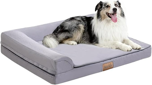 Dog lying on a gray pet bed with a white background
