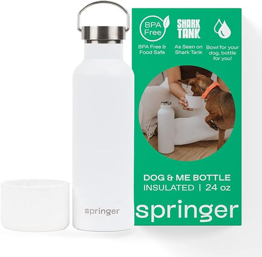 Springer Dog and Me Water Bottle, Stainless Steel Insluated Water Bottle, Keeps Water Cold for 12 Hours (White)